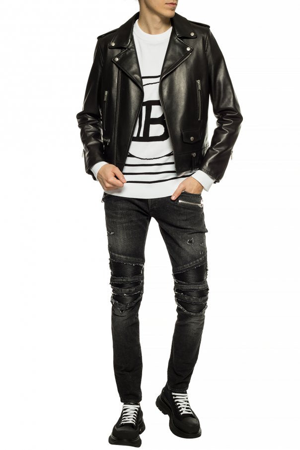 Pullover BALMAIN Uomo a righe bianche e nere in cotone, stampa del monogramma Balmain