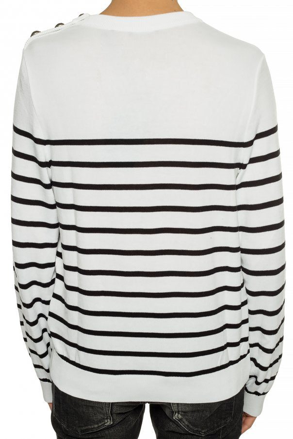 Pullover BALMAIN Uomo a righe bianche e nere in cotone, stampa del monogramma Balmain
